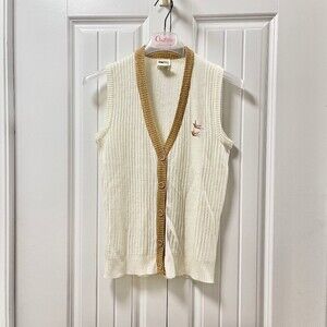 Vintage Dodtex Trim V-Neck Embroidered Bird Button Vest Cream & Tan